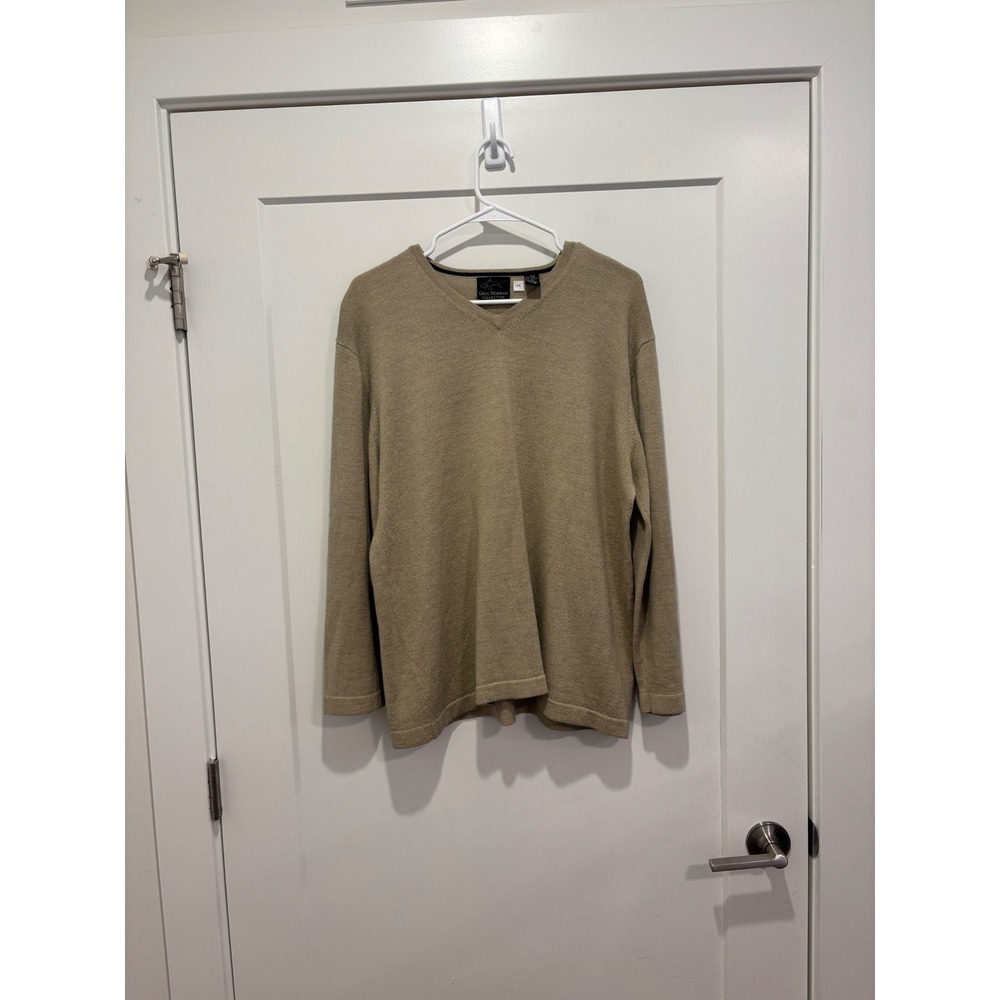 Greg Norman Collection Mens V-Neck Sweater Tan Merino Wool Blend Large Golf Knit